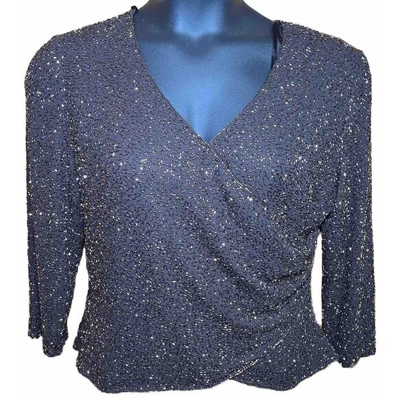 JKara Tops - Jkara Beaded Black Gold Formal Blouse Evening Party Top Zip Back VNeck Womens 12